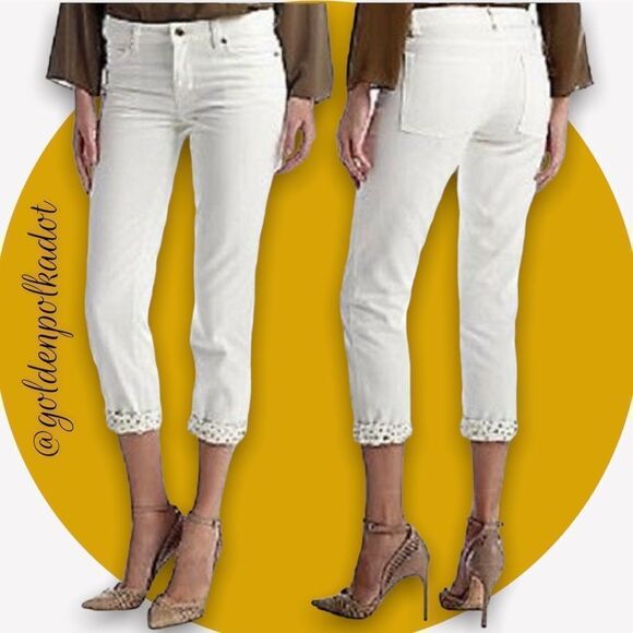 MICHAEL Kors Cream/Gold Studded Cuff Boyfriend Jeans retail $135 size 2 NWT - Picture 2 of 6